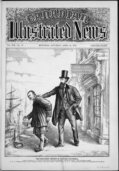 Original title:  MIKAN 2914880 MIKAN 2914880: The Heathen Chinese In British Columbia. April 26th, 1879 (A cartoon from the Canadian Illustrated News, 1879, entitled The Heathen Chinee in British Columbia.) [214 KB, 600 X 863]