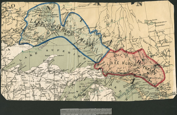 Titre original&nbsp;:  MIKAN 3695854 [Plan showing those areas of Ontario north of the Great Lakes affected by the Lake Superior Treaty and the Lake Huron Treaty] [cartographic material]. [1917]. [302 KB, 1000 X 649]