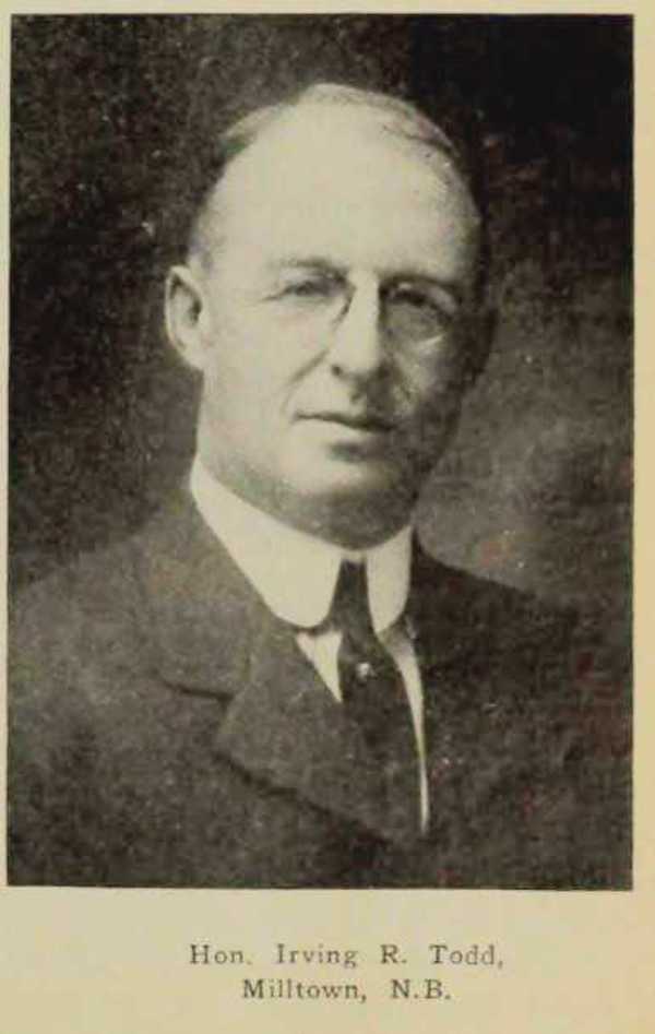 Titre original :  Hon. Irving R. Todd, Milltown, N.B. From: CANADA LUMBERMAN AND WOODWORKER February 1, 1919. 
https://archive.org/stream/canadianforjanjun1919donm/#page/n202/mode/1up
 