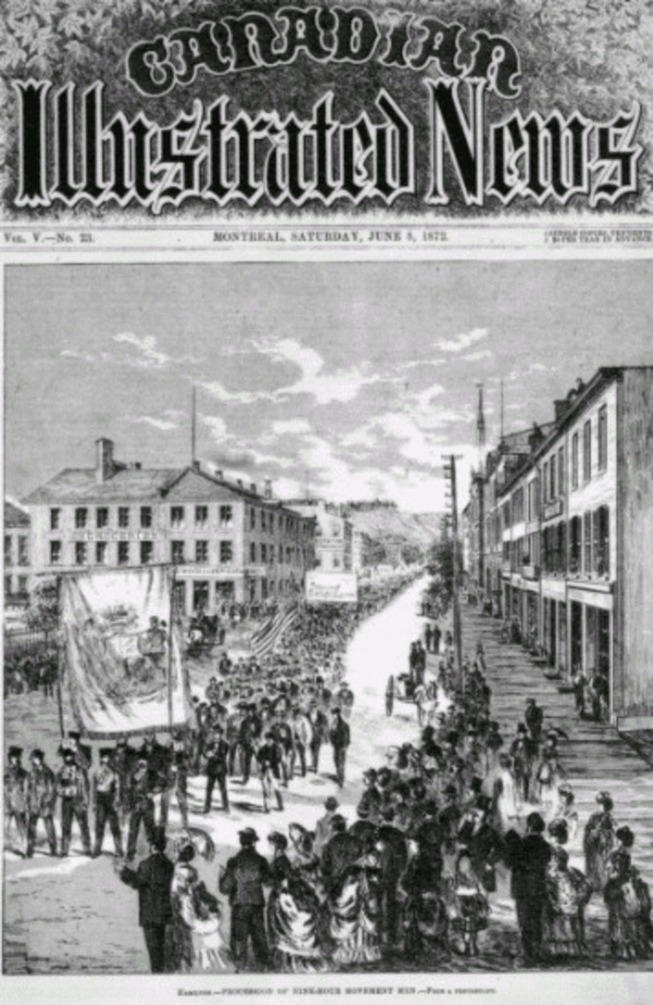 Titre original :  Digitized page of Canadian Illustrated News. Title: Procession of Nine-Hour Movement Men [Hamilton]. Artist: Unknown. Date: 1872-06-08. Pagination: vol.V, no. 23. 353. 
http://www.bac-lac.gc.ca/eng/discover/canadian-illustrated-news-1869-1883/Pages/item.aspx?IdNumber=2625&