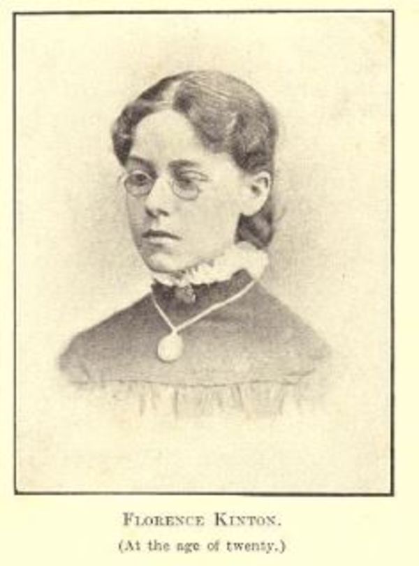 Original title:  Florence Kinton (at the age of twenty). From: Just one blue bonnet; the life story of Ada Florence Kinton, artist and salvationist. Told mostly by herself with pen and pencil, by Ada Florence Kinton, edited by Sara A. Randleson.
W. Briggs, Toronto: 1907. 
Source: https://archive.org/details/justonebluebonne00kintuoft/page/n71/mode/2up. 