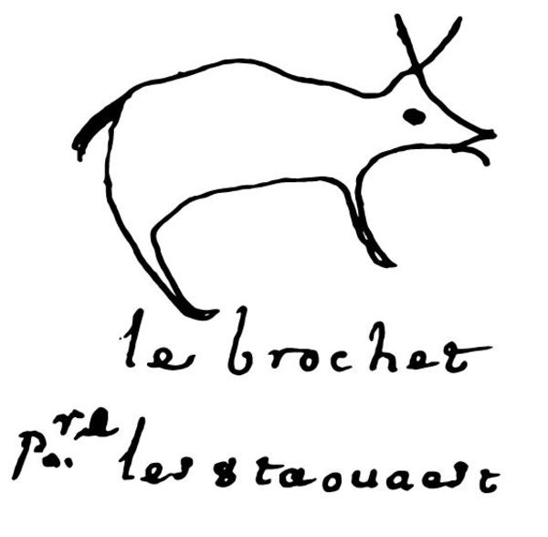 Original title:  Marque: un ours. Le chef Kinongé, dit le Brochet, signe le traité.
Date: 4 August 1701. Source: Vectorisation à partir de photos des Archives nationales de France publiées sur le site http://grandepaix.pacmusee.qc.ca. Image posted to Wikimedia by user Pierre5018.