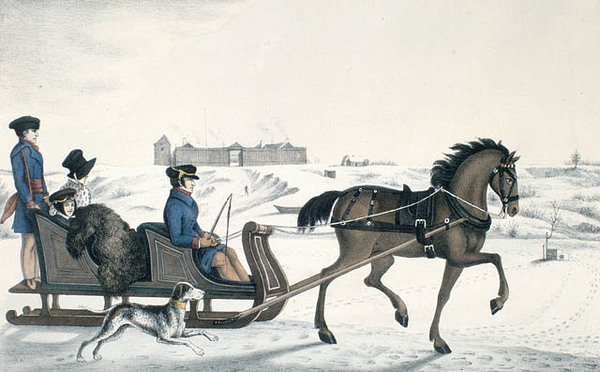 Original title:  The Governor of Red River, driving his Family on the River in a Horse Cariole/Le gouverneur de la rivière Rouge conduisant sa famille sur la rivière dans une carriole tirée par des chevaux. Acc. No. 1989-484-3 - Library and Archives Canada/Bibliothèque et Archives Canada. Online MIKAN no. 2837342. 
