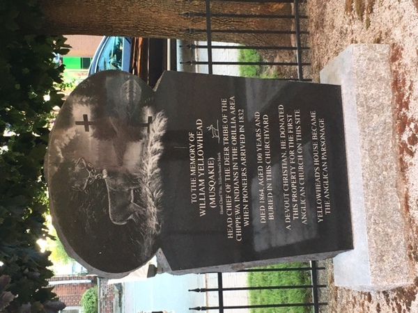 Original title:  William Yellowhead Musquakie monument. St James' Anglican Church, Orillia, Ont. Photo by Tracy Montgomery, 2020.