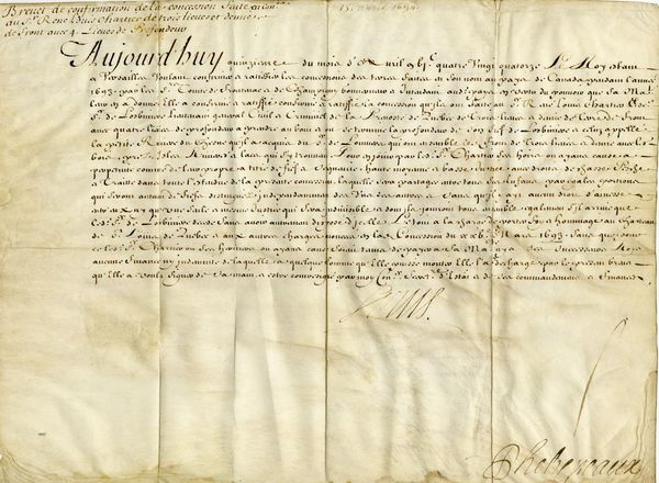 Titre original :  Patent confirming a concession in Canada by the King to René-Louis Chartier de Lotbinière, April 15, 1694.
Louis XIV, roi de France - blogues.banq.qc.ca - *
Brevet de confirmation d’une concession en Canada par le Roi à René-Louis Chartier de Lotbinière, 15 avril 1694. 
« BAnQ a récemment acquis un document signé de la main du roi Louis XIV qui s’ajoute aux rares documents de cette époque. Il s’agit de la confirmation de la concession faite « en Canada » à René-Louis Chartier des terres qui formeront la seigneurie de Lotbinière. » – BAnQ 