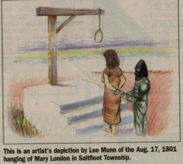 Original title:  This is an artist's depiction by Lee Munn of the Aug. 17, 1801 hanging of Mary London in Saltfleet Township. 

Source: Our Ontario: http://images.ourontario.ca/Partners/FWIO/FWIO003218106_0072p.pdf 