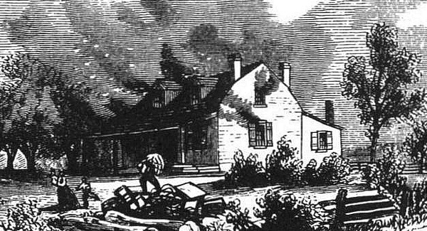 Titre original&nbsp;:  'Joseph Willcocks band of American and pro-American Canadians living in Upper Canada engaged in widespread looting and burning farmhouses (public domain).'