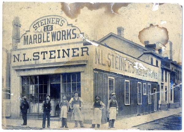 Original title:  N. L. Steiner Marbleworks photograph, [Victoria Street], Toronto, ca. 1890. Ontario Jewish Archives, Blankenstein Family Heritage Centre, fonds 22, item 120. 