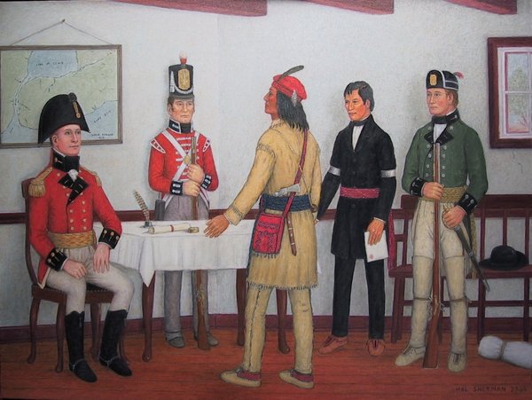 Titre original :  Brock,Tecumseh, Billy Caldwell & Commander of the Caldwell Rangers, William Caldwell (Painting courtesy of the artist Mr. Hal Sherman from the collection of Mr. & Mrs. Jerry Gagnon.)