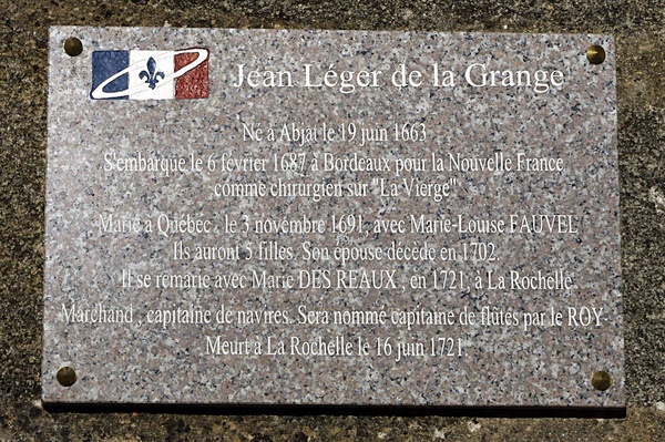 Original title:    Description Français : Abjat sur Bandiat, Dordogne, France - Plaque devant l’église d'Abjat en mémoire de Jean Léger de la Grange, Corsaire du Roy né a Abjat le 19 Juin 1663. Plaque posé le 1er septembre 2012. Date 28 October 2012 Source Own work Author Traumrune Attribution (required by the license) © Traumrune / Wikimedia Commons / CC-BY-3.0

