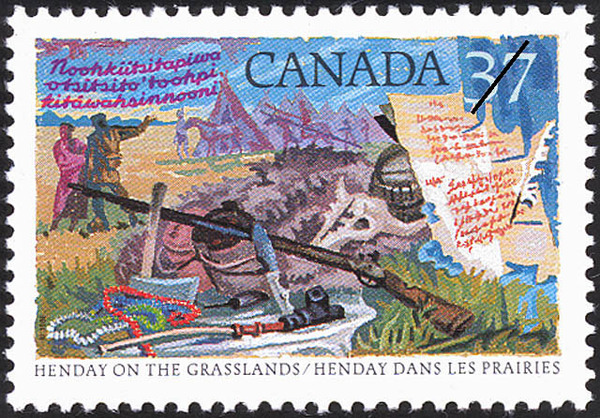 Original title:  Henday on the grasslands = Henday dans les praries [philatelic record].  Philatelic issue data Canada : 37 cents