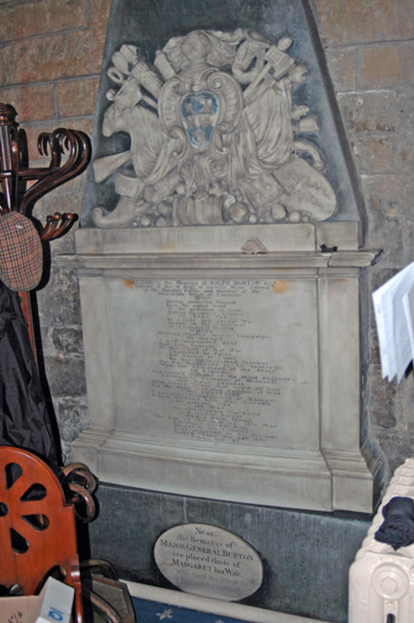 Original title:    Description English: Monument to Maj. Gen. Ralph Burton d. 24th September 1768 Tucked away behind the coat rack in the church of St. Mary, Cottingham, is this memorial to Maj. Gen. Ralph Burton who had a distinguished military career in North America during the Seven Years War. As a Lt. Col. he commanded the 48th Regiment of Foot at the battle of Monongahela in 1755 http://www.britishbattles.com/braddock.htm when a force under Gen. Braddock suffered a disastrous defeat at the hands of the French and their Indian allies. George Washington was also present at this battle. Although wounded Burton survived to participate in the eventual defeat of the French at Quebec in 1759. Date 2 April 2008(2008-04-02) Source From geograph.org.uk Author David Wright

Camera location 53° 46' 55.79