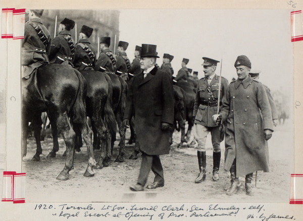 Original title:  Lt. Gov. Lionel Clarke, General Elmsley & self at opening of Provincial Parliament; Author: James, W.; Author: Year/Format: 1920, Picture