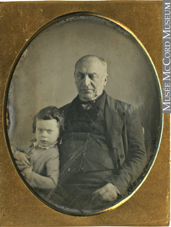 Original title:  Photograph Benjamin Hart with grandson Gerald Ephraim Hart, 1852-55 Anonyme - Anonymous 1852-1855, 19th century Silver amalgam on metal (copper) - Daguerreotype 8.9 x 6.9 cm Gift of Mr. Gerald Ephraim Hart MP-0000.154.2 © McCord Museum Keywords: 